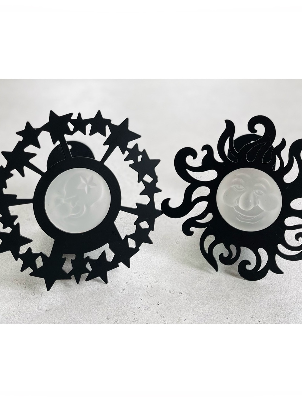 Vintage Whimsigoth 90s Y2K Celestial Sun Moon Face Wall Sconces Partylite Black